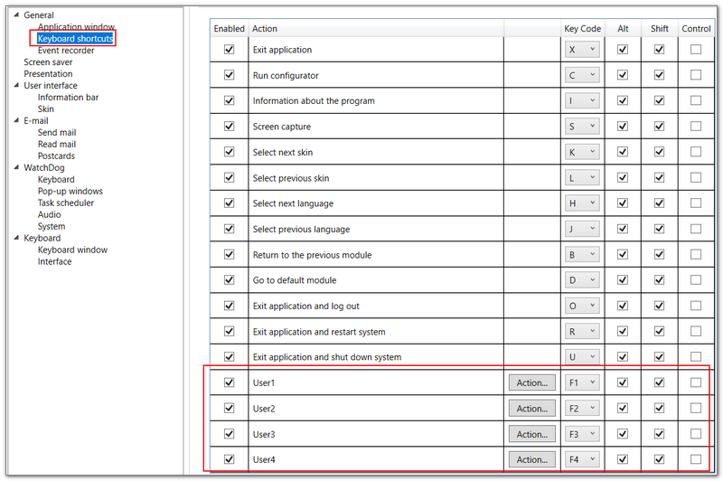 InfoTouch keyboard shortcuts